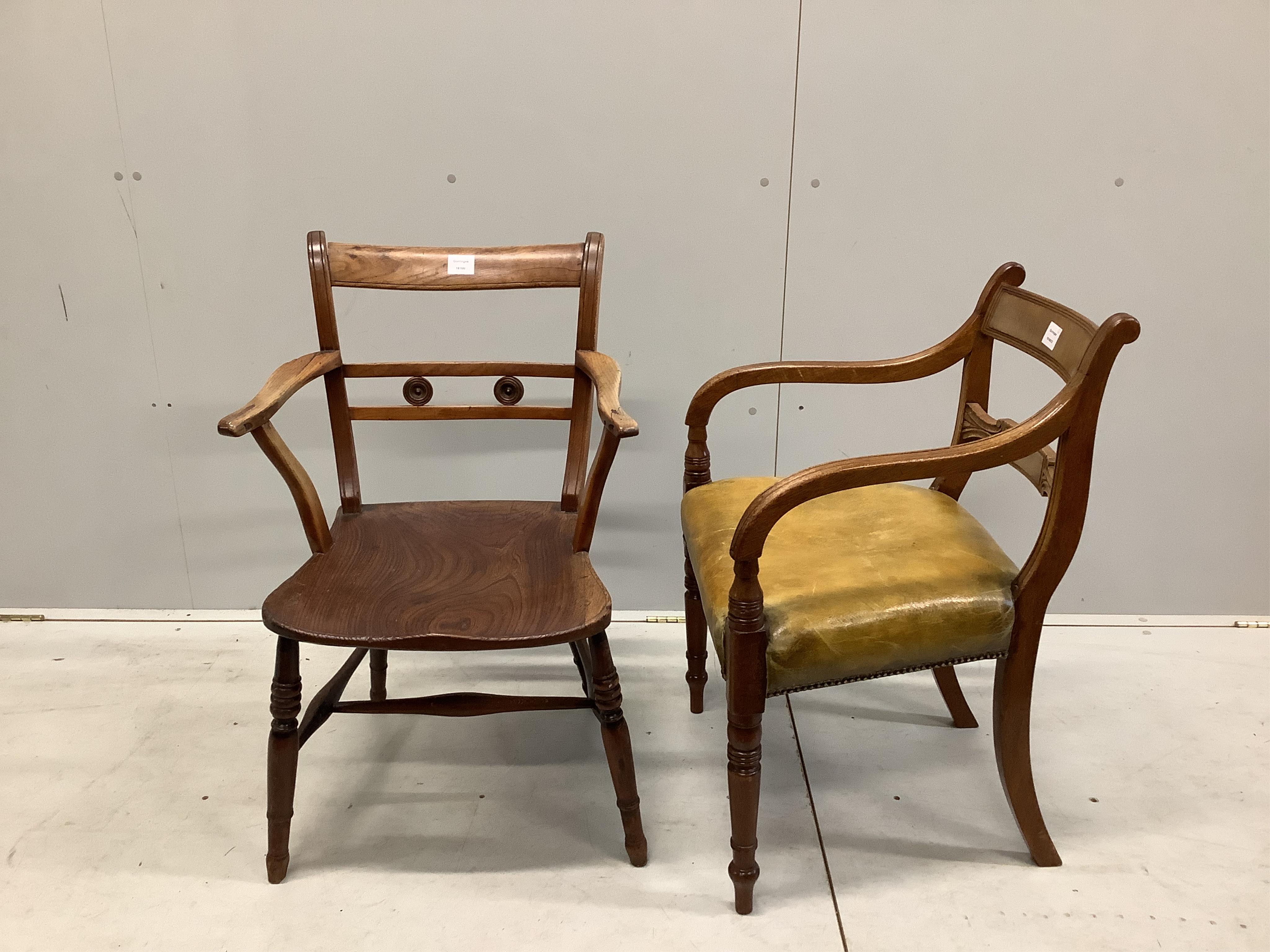 A 19th century ash and elm Windsor elbow chair, width 50cm, depth 42cm, height 86cm, together with a Regency mahogany scroll armchair. Condition - poor to fair